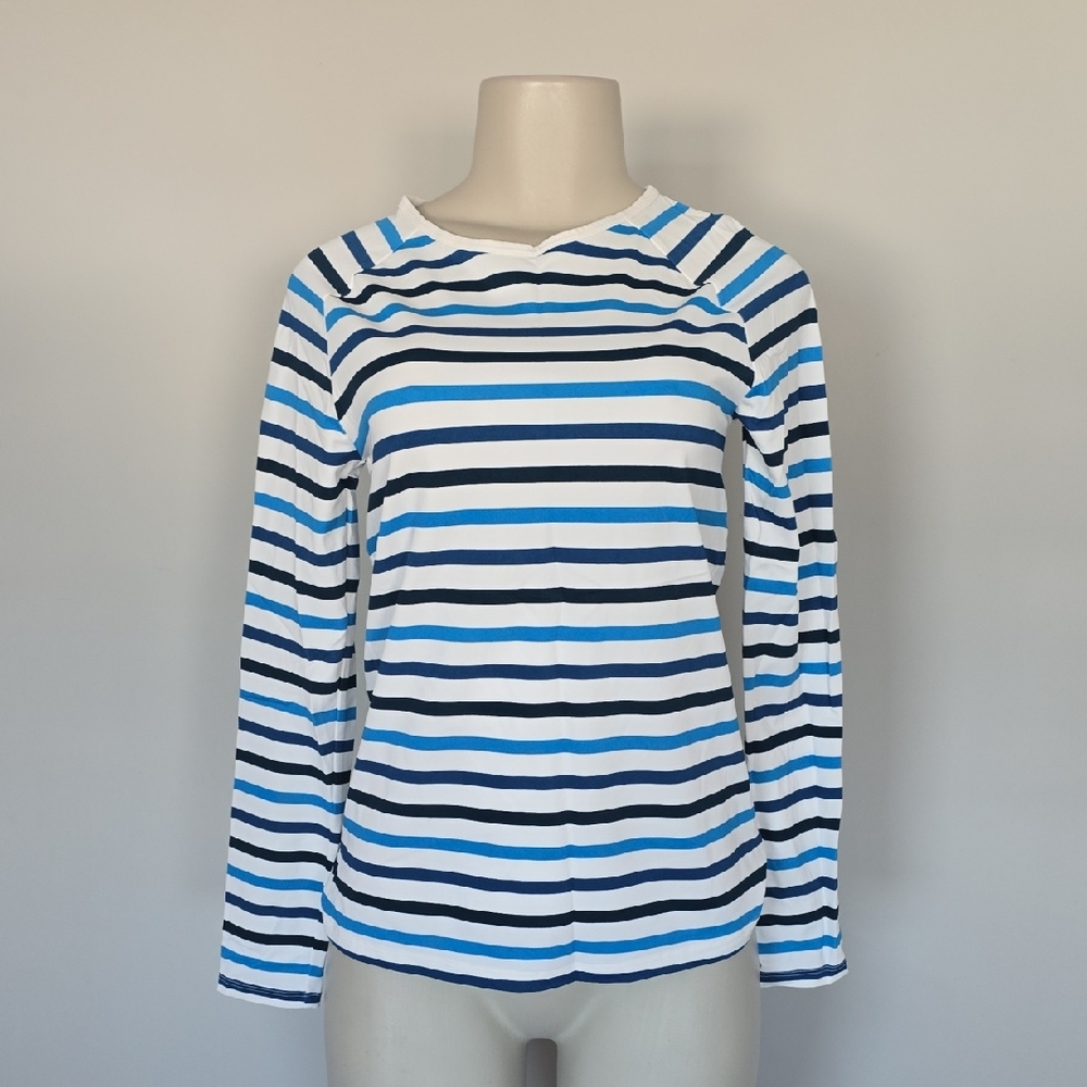 Spanx striped long sleeve swim shirt coastal blue-S